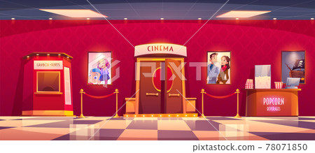Cinema with cashbox and counter with popcorn Cinema with cashbox and counter with popcorn 78071850