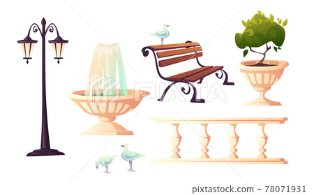 City park with fountain, bench and gulls 78071931