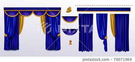 Realistic curtains set, blue cloth with gold ties Realistic curtains set, blue cloth with gold ties 78071969