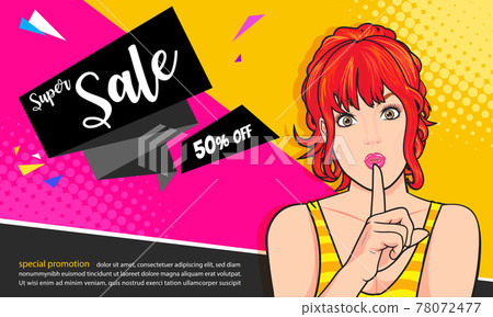 woman hand up with finger on lips with sale promotion poster 78072477