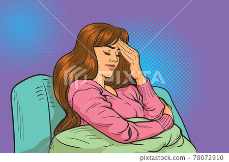 Sad woman sitting on a sofa in the living room Sad woman sitting on a sofa in the living room 78072910