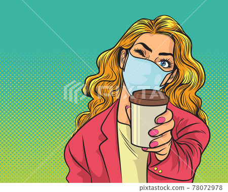 woman present hot drink with mask woman present hot drink with mask 78072978