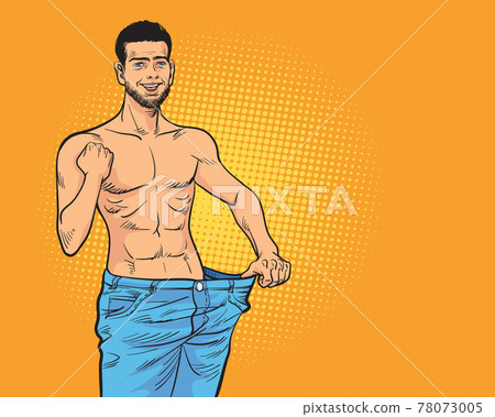 Young man with slim body in old big size pants 78073005