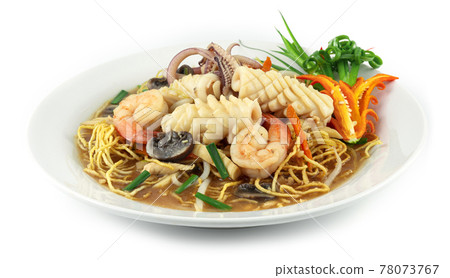 Crispy Noodles in Thick Gravy with Shrimps and Squid Seafood Dish (Xiang Jian Ji Si Mian) Crispy Noodles in Thick Gravy with Shrimps and Squid Seafood Dish (Xiang Jian Ji Si Mian) 78073767