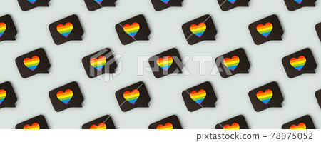 Happy Pride month banner for lgbt rights or social issues event. Colorful rainbow heart in black social media interaction cloud, symbol for homosexual love, marriage, partnership sex, seamless pattern Happy Pride month banner for lgbt rights or social issues event. Colorful rainbow heart in black social media interaction cloud, symbol for homosexual love, marriage, partnership sex, seamless pattern 78075052