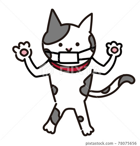 A simple illustration of a cat wearing a mask, a cat that raises both hands A simple illustration of a cat wearing a mask, a cat that raises both hands 78075656