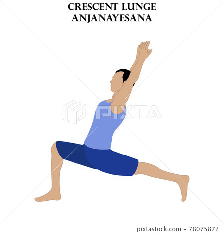 Crescent lunge yoga workout. Anjanayesana. Man doing yoga illustration Crescent lunge yoga workout. Anjanayesana. Man doing yoga illustration 78075872