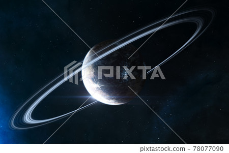 Inhabited planet in deep space with satellite. Beautiful cosmic landscape Inhabited planet in deep space with satellite. Beautiful cosmic landscape 78077090