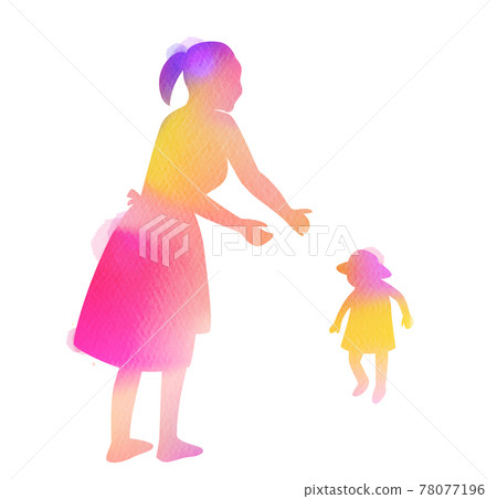 Silhouette watercolor of Happy parents having a good time with their little children. Mother and daughter. Mother's day. Digital art painting. Silhouette watercolor of Happy parents having a good time with their little children. Mother and daughter. Mother's day. Digital art painting. 78077196