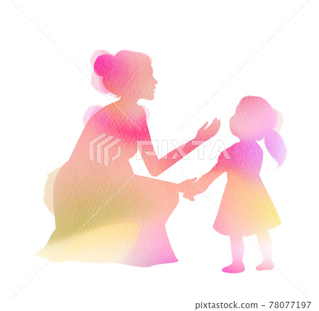 Double exposure illustration. Side view of Mother teaching her daughter something silhouette plus abstract watercolor painted. Digital art painting. Double exposure illustration. Side view of Mother teaching her daughter something silhouette plus abstract watercolor painted. Digital art painting. 78077197