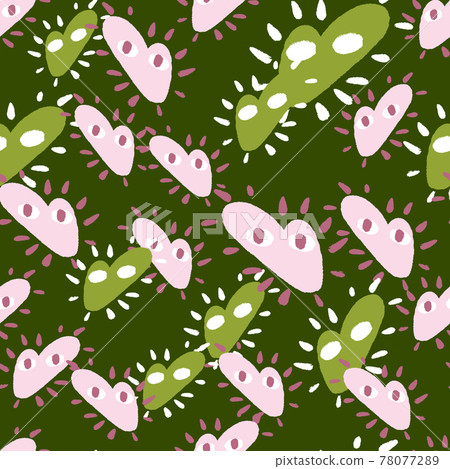 Abstract seamless pattern with simple style heart characters print. Green background. Romantic love style. Abstract seamless pattern with simple style heart characters print. Green background. Romantic love style. 78077289