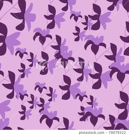 Bright seamless pattern with doodle hawaii tropical flowers silhouettes. Purple and lilac colors. Random print. 78079322