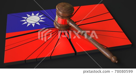 Block with flag of Taiwan hit by judge's gavel. Court related 3d rendering 78080599