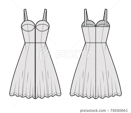 Zip-up dress denim bustier technical fashion illustration with sleeveless, fitted body, knee length A-line skirt. Flat Zip-up dress denim bustier technical fashion illustration with sleeveless, fitted body, knee length A-line skirt. Flat 78080661