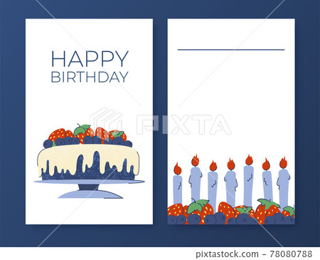 Birthday invitation poster set. Postcards for congratulations. Place for your text. Cake with blueberries and strawberries, candles, berry ornament. Vector Birthday invitation poster set. Postcards for congratulations. Place for your text. Cake with blueberries and strawberries, candles, berry ornament. Vector 78080788