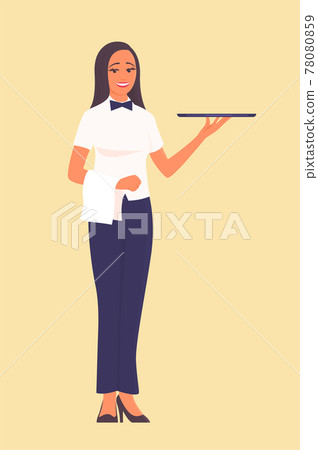 Beautiful girl waiter stands with a tray in hand 78080859
