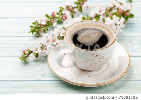 Morning espresso coffee cup and cherry blossom 78081589