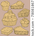 Bakery cakes set. Strawberry cream puff strawberry pies and cupcakes chocolate ships and cheese pie 78081867
