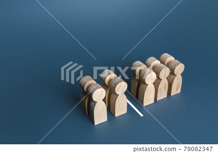 Four out of ten people separated by a line. Visualization of statistical data. 40% of 100%. Polls test results. Equality in numbers. Dividing people into two groups on different issues. 78082347