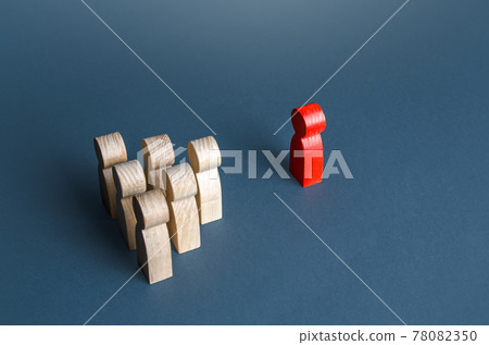 A red man stands in front of a group of people. Leader leads his crew. Leadership skills. Recognition of being a leader by team members. Unification against the enemy. Establishing contact. Distrust A red man stands in front of a group of people. Leader leads his crew. Leadership skills. Recognition of being a leader by team members. Unification against the enemy. Establishing contact. Distrust 78082350