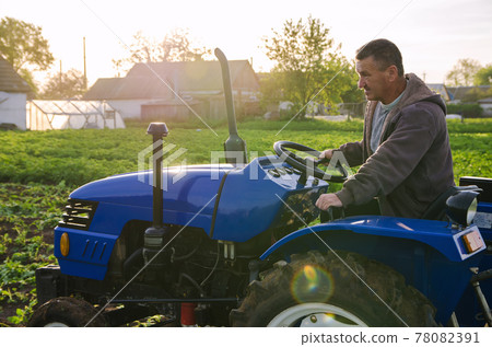A farmer on a tractor drives across the farm field. Agro industry, agribusiness. Potato harvest campaign. Farming, agriculture. Harvesting potatoes in early spring. Countryside farmland. 78082391