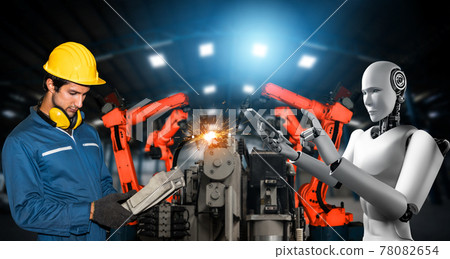 Mechanized industry robot and human worker working together in future factory 78082654