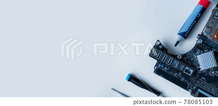 Computer repair hardware technology. Technician electronic pc service from engineer man. Digital chip maintenance. Flat lay. Computer repair hardware technology. Technician electronic pc service from engineer man. Digital chip maintenance. Flat lay. 78085103