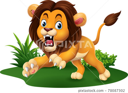Cartoon lion roaring in grass 78087302