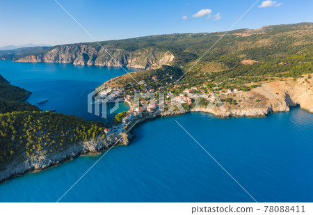 Aerial view of Assos in island of Cefalonia, Ionian, Greece. Aerial drone photo of beautiful and picturesque colorful traditional fishig village Aerial view of Assos in island of Cefalonia, Ionian, Greece. Aerial drone photo of beautiful and picturesque colorful traditional fishig village 78088411