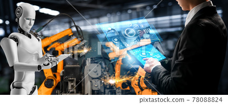 Mechanized industry robot and human worker working together in future factory Mechanized industry robot and human worker working together in future factory 78088824