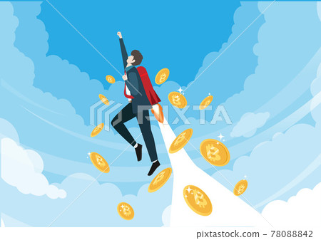 Bitcoin prices soared, businessmen with jetpack soaring in the sky With bitcoins falling behind, the idea of increasing the price and value of Crypto currencies. 78088842