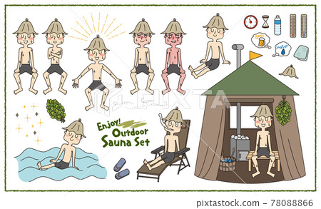 Outdoor sauna set that men enjoy in a tent 78088866