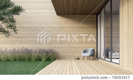 Minimal style wooden terrace with green lawn 3d render 78093857