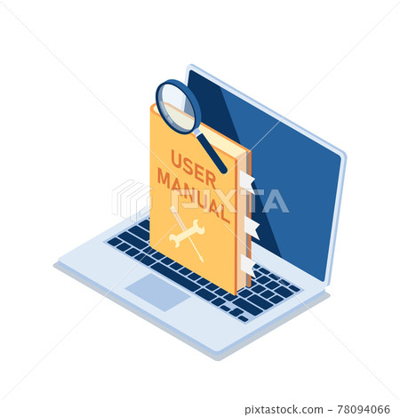 Isometric User Manual with Magnifying Glass on Laptop Monitor 78094066