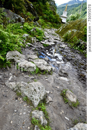 尼泊爾珠穆朗瑪峰公路盧克拉和帕克丁之間的山路和佛塔 78095078