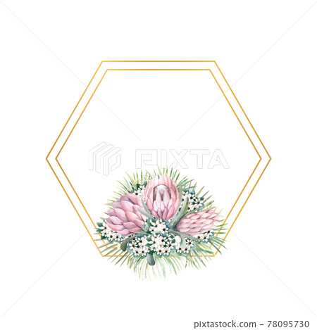 Hexagonal gold frame with protea flowers, tropical leaves, palm leaves, bouvardia flowers. Wedding bouquet in a frame for the design of a stylish invitation. Watercolour illustration 78095730