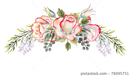 A bouquet of white roses with a pink edge, leaves, berries, decorative twigs. Watercolor illustrations for the design of greeting cards, invitations, etc A bouquet of white roses with a pink edge, leaves, berries, decorative twigs. Watercolor illustrations for the design of greeting cards, invitations, etc 78095731