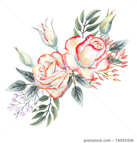 A bouquet of white roses with a pink edge, leaves, berries, decorative twigs. Watercolor illustrations for the design of greeting cards, invitations, etc 78095806
