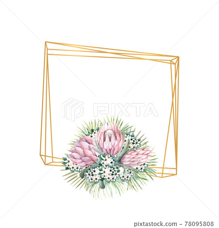 Frame with protea flowers, tropical leaves, palm leaves, bouvardia flowers. Wedding bouquet in a frame for the design of a stylish invitation. Watercolour illustration 78095808