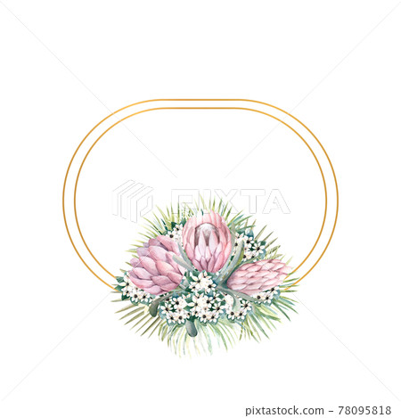 Oval gold frame with protea flowers, tropical leaves, palm leaves, bouvardia flowers. Wedding bouquet in a frame for the design of a stylish invitation. Watercolour illustration 78095818