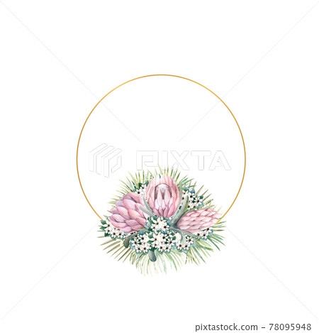 Round gold frame with protea flowers, tropical leaves, palm leaves, bouvardia flowers. Wedding bouquet in a frame for the design of a stylish invitation. Watercolour illustration 78095948