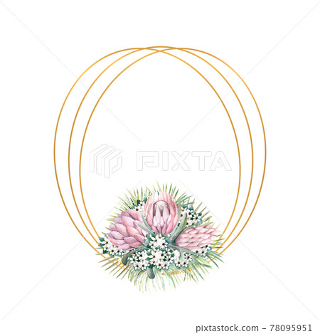 Oval gold frame with protea flowers, tropical leaves, palm leaves, bouvardia flowers. Wedding bouquet in a frame for the design of a stylish invitation. Watercolour illustration Oval gold frame with protea flowers, tropical leaves, palm leaves, bouvardia flowers. Wedding bouquet in a frame for the design of a stylish invitation. Watercolour illustration 78095951