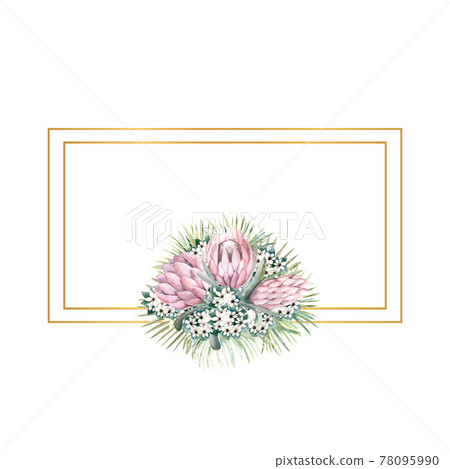 Rectangular gold frame with protea flowers, tropical leaves, palm leaves, bouvardia flowers. Wedding bouquet in a frame for the design of a stylish invitation. Watercolour illustration 78095990