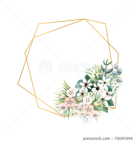 Frame with small flowers of actinidia, bouvardia, tropical and palm leaves. Wedding bouquet in a frame for the design of a stylish invitation. Watercolour illustration 78095994