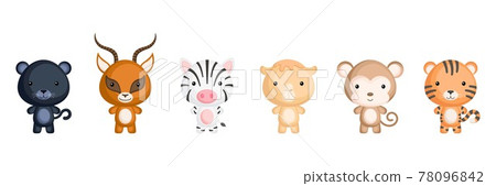 Collection of african little animals in cartoon style. Cute animals characters for kids cards, baby shower, birthday invitation, house interior. Bright colored childish vector illustration. 78096842