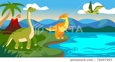 Cute dinosaurs with landscape. Cartoon dino prehistoric scene with lake, volcano, mountain and palm tree. Jurassic animals vector background 78097993