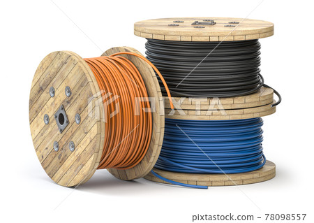 Wire electric cable of different colors on wooden coil or spool isolated on white background. 78098557