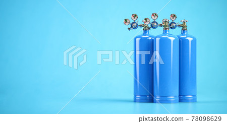 Blue oxygen tanks or cylinders on blue background. 78098629