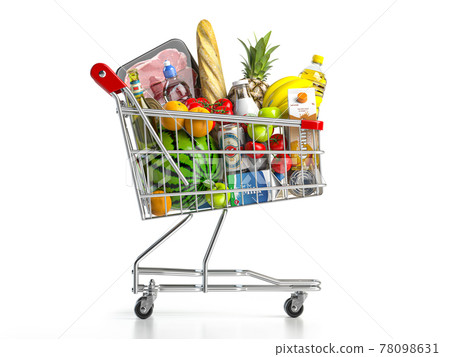 Shopping cart full of food isolated on white. Grocery and food store concept. 78098631