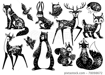 Scandinavian animals. Forest dwellers nordic with floral patterns. Deer, fox and hare, squirrel and hedgehog, lynx and owl swedish style vector set Scandinavian animals. Forest dwellers nordic with floral patterns. Deer, fox and hare, squirrel and hedgehog, lynx and owl swedish style vector set 78098672